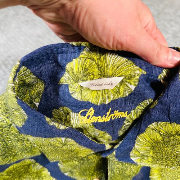 STENSTROMS Men's Lime Green Navy Floral Linen Long Sleeve Button Down Shirt XL - Picture 6 of 10